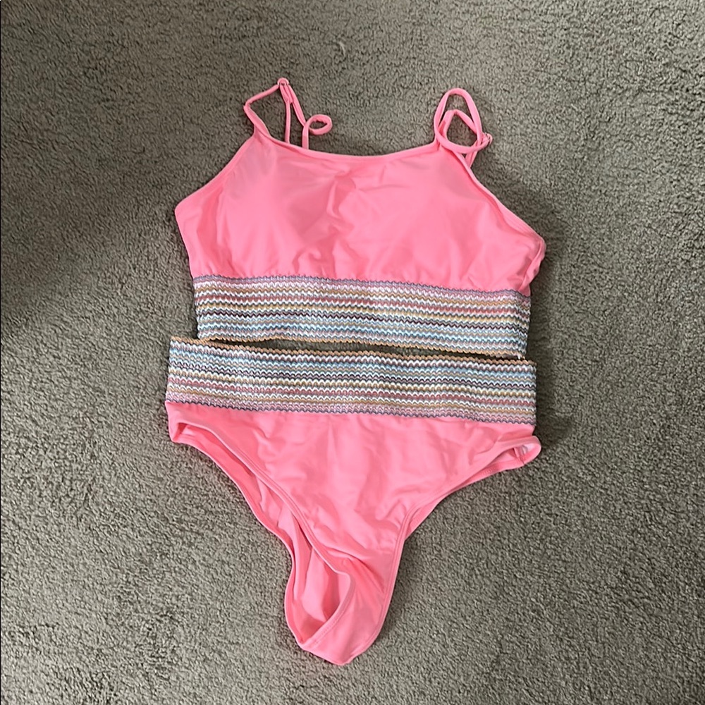 Pink One-Piece Swimsuit with Striped Waist